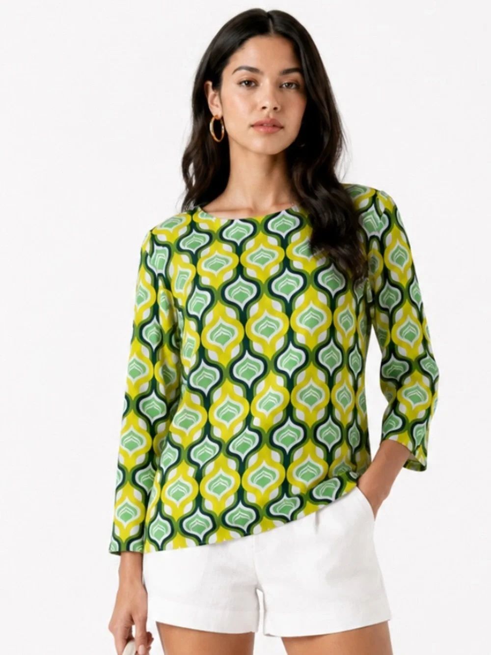 J.McLAUGHLIN Catalina Cloth Women’s Green Geo Print Long Sleeve Top Size M